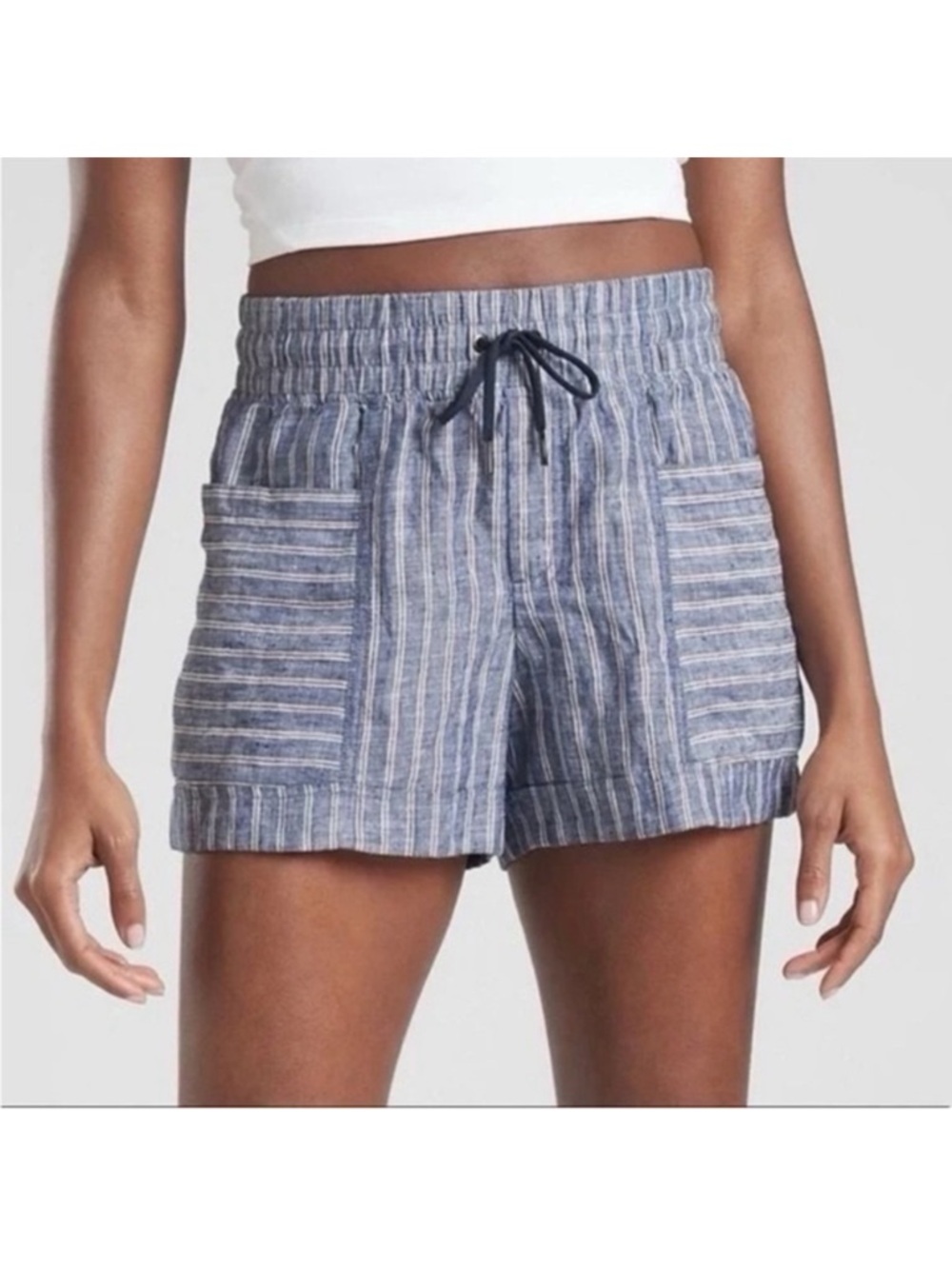 Athleta Cabo Blue White Brown Striped Linen Pull-on Summer Shorts Size 16